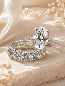 Effinny Non-Tarnish 14K Gold Plated 3.5ct Oval 3PC CZ Wedding Ring Set, Affordable Luxury Promise Jewelry, Elegance Bridal Set Rings For Women