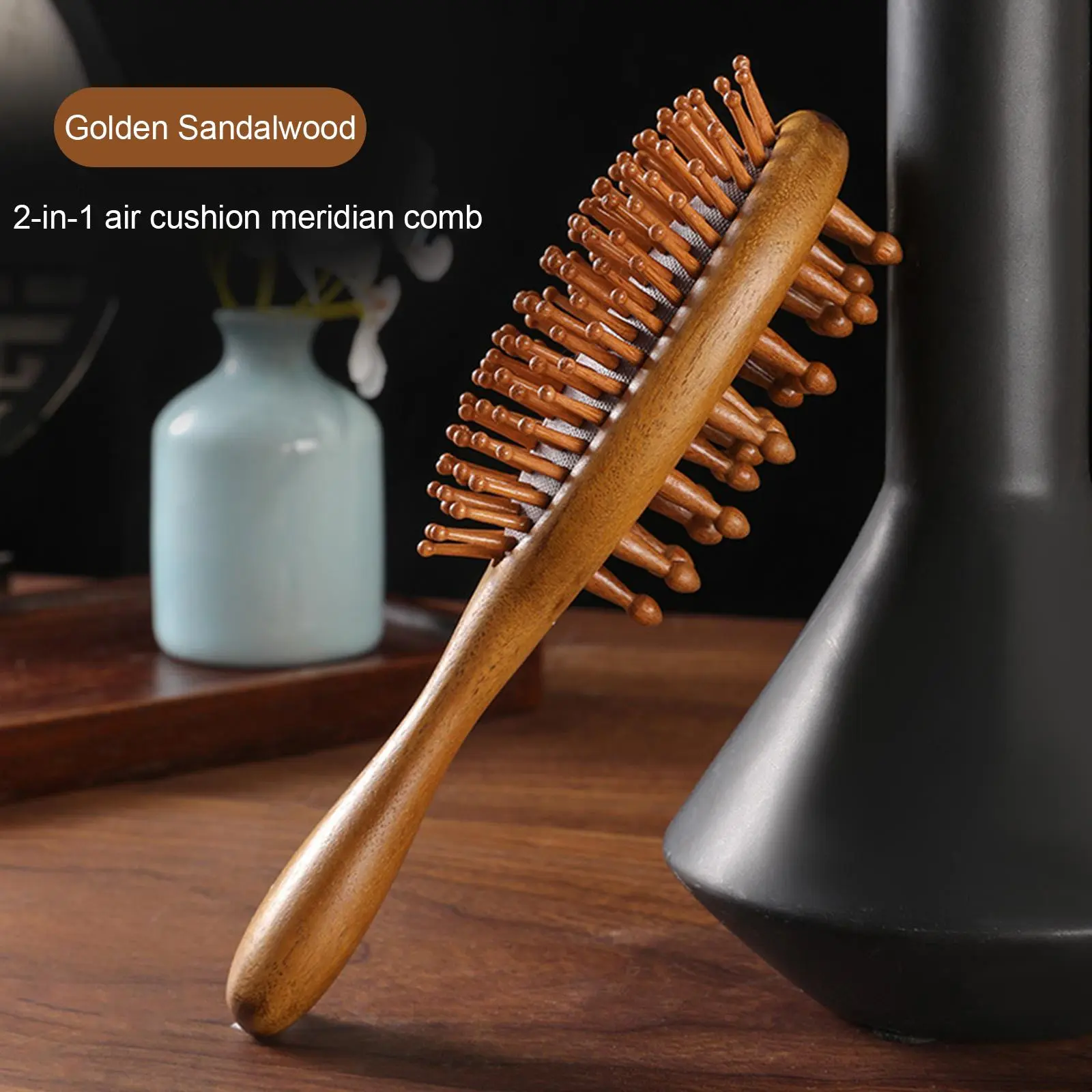 2-in-1 Multi-Functional Massage Brush Natural Sandalwood with Gentle Silicone Bristles Detangle Hair Tame Frizz Soothe Scalp Relieve Stress & Fatigue Your At-Home Scalp SPA Tool