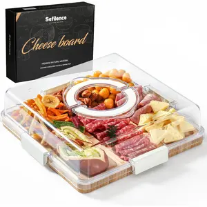 Charcuterie Board with Clear Locking Lid and Handle, 6 Compartment Bamboo Cheese Board Snackle Box, Portable Cutting Board for Snacks, Fruits&Meats, Ideal Gift for Parties, Birthday& House Warming