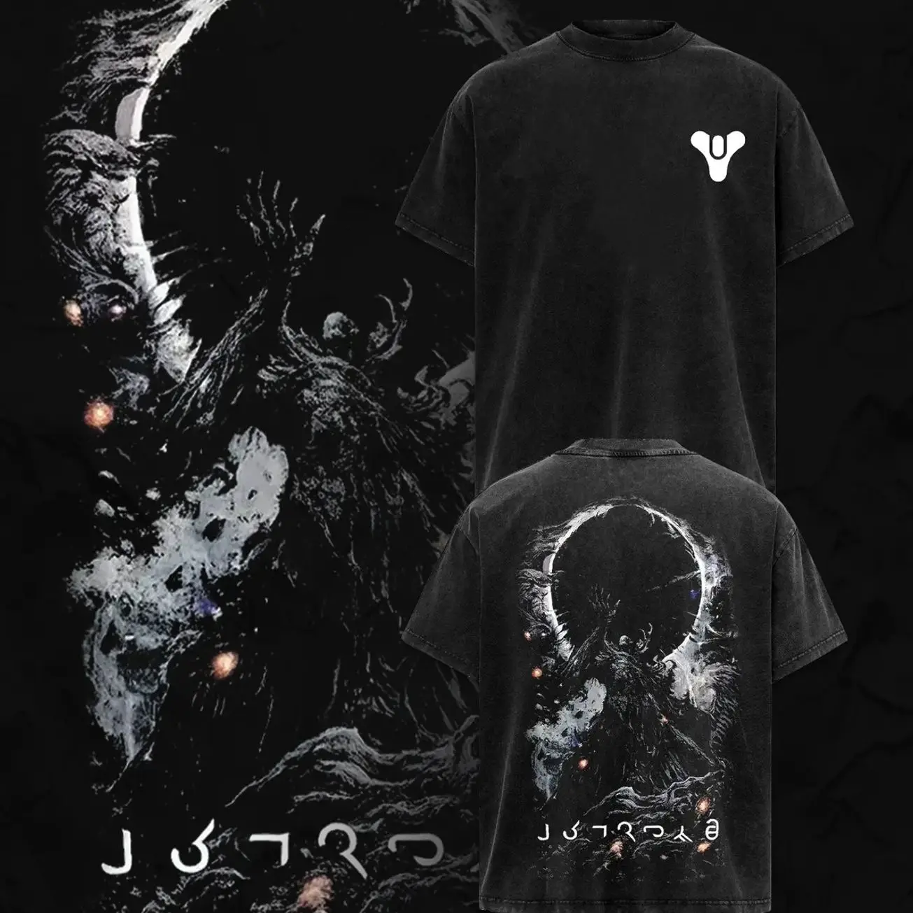 [Collection] Destiny 2 Double Printed Oversize Lightweight Acid Washed Tee Game Graphic T-Shirt for Men Casual Day Wear Cotton Fabric - Jeans Vintage Gaming Retro Black Tee Oversized Heavyweight Cotton T-Shirts Love Menswear E67