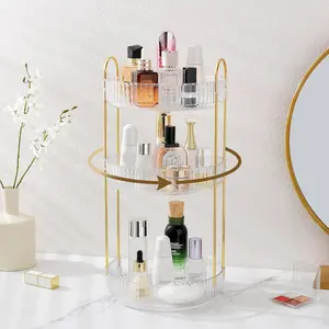 360 Rotating Makeup Organizer 3 Tier Large Capacity Skincare Perfume Vanity Storage Clear 3 Tier White Round Countertop