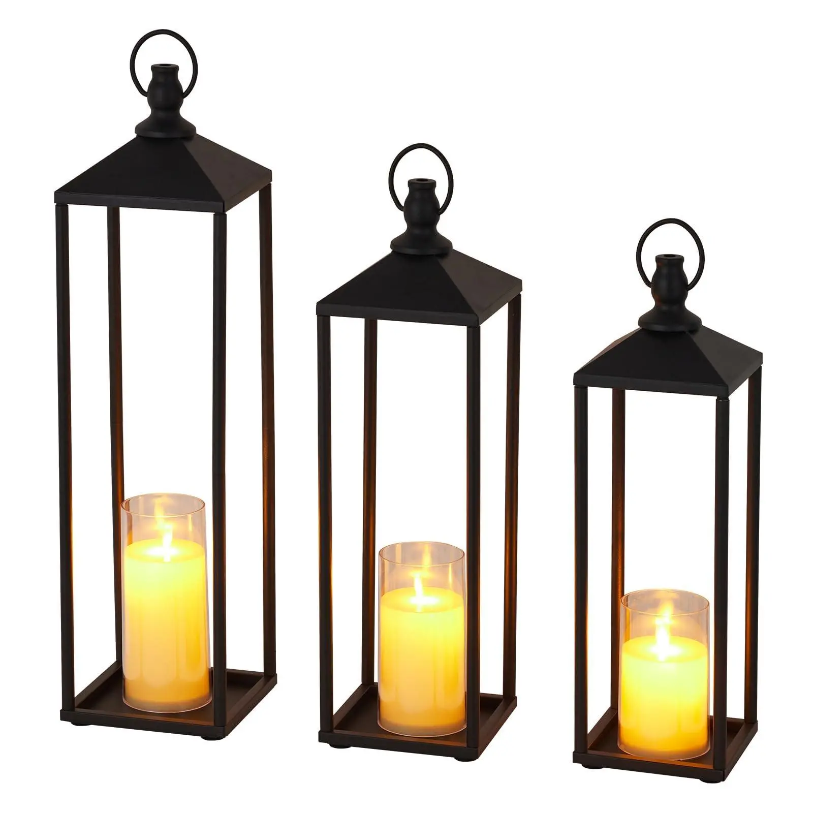17"+19"+22" Large Metal Black Candle Lanterns Set with Flameless LED Candles, Decorative Outdoor Indoor Lanterns for Patio Porch Garden Home Floor Decor, Halloween Christmas Decorations