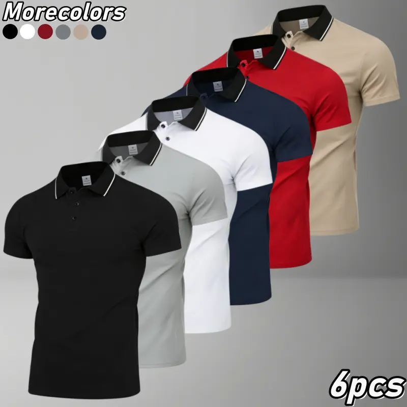 Men’s business casual short-sleeve polo shirt set of six with contrast collar trim; skin-friendly, breathable, slim fit that flatters the figure; suitable for men’s everyday casual wear.