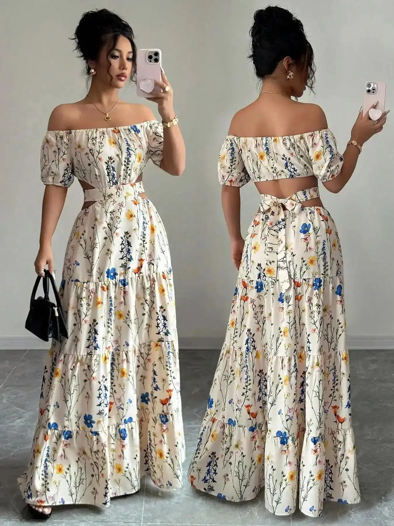 Women's Floral Print Off-Shoulder Maxi Dress, Bubble Sleeves & Waist Slit Design, Perfect Summer for Vacation Parties, Bohemian Style, Boho, Casual Wear Tie Front Comfortable Fit Blazer Midi Skirt Breathable