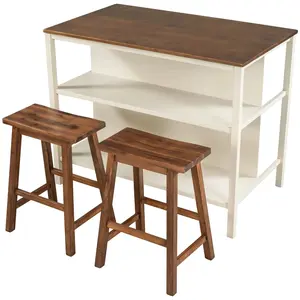Solid Wood Kitchen Island Butcher Block Top & Seating Set in Rustic Walnut