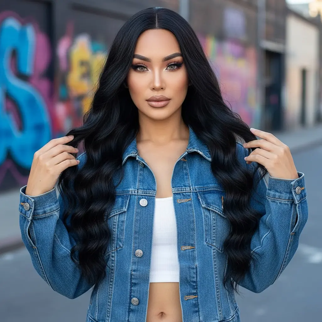 Summervibes 26 Inch Black Long Wavy Synthetic Lace Front Wig Natural ...