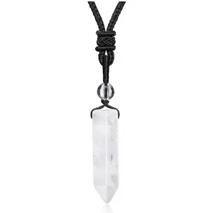 Top Plaza Clear Quartz Healing Crystal Stone Necklaces for Men Hexagonal Pendant Necklaces Adjustable Braided Rope Natural Gemstone Necklace Jewelry Christmas Gift for Dad Husband BF