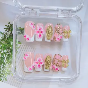 3D Floral Nails, Pink Nails, Handmade 3D Floral & Hand Drawn Flower Design And Sparkling Golden Hallelujah Decor Pipe-Shaped Nails, 10pcs/set Y2K Style Glossy Handmade Press On Nails, For Women & Girls DlY Nail Art, Square Nails. Fake Nails. Nail Supplies
