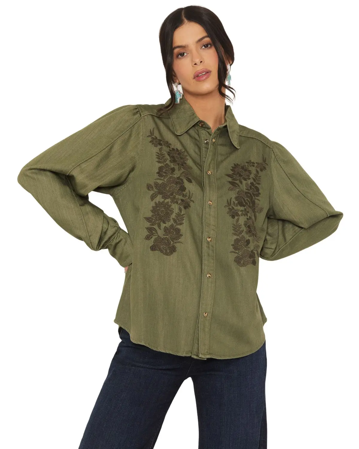 Kimes Ranch Women's Women'S Mae Floral Embroidered Long Sleeve Snap Relaxed - Wto0000054-Olv