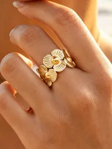 Stainless Steel Flower Open Ring Set, Non Tarnish Jewelry Waterproof Summer Beach Jewelry Gift, Elegant Women's Accessory