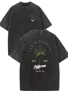 Retro California Style Men's Cotton T-Shirt Est 1987 Coconut Tree Back Graphic Design | Oversized Tie Dye Vintage Summer Casual Tee, Short Sleeve Crewneck Vacation Clothes Gift for Men Boyfriend Valentines Day Shirt