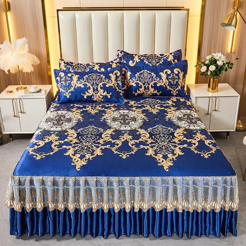 Vintage Bed Skirt & 2pcs Pillowcase without Filler (1 Set), Soft Comfortable Bed Skirt Set with Full Lace Hem , Bedding Set for Home Bedroom Guest Roo