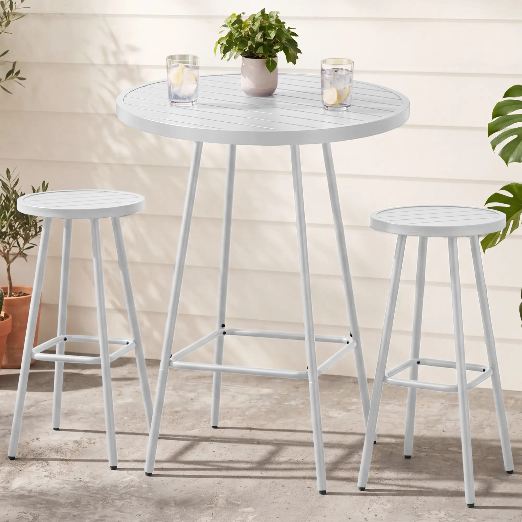 Best Choice Products 3-Piece Steel Patio Bar Height Round Bistro Set w/ Backless Stools, Slatted Design