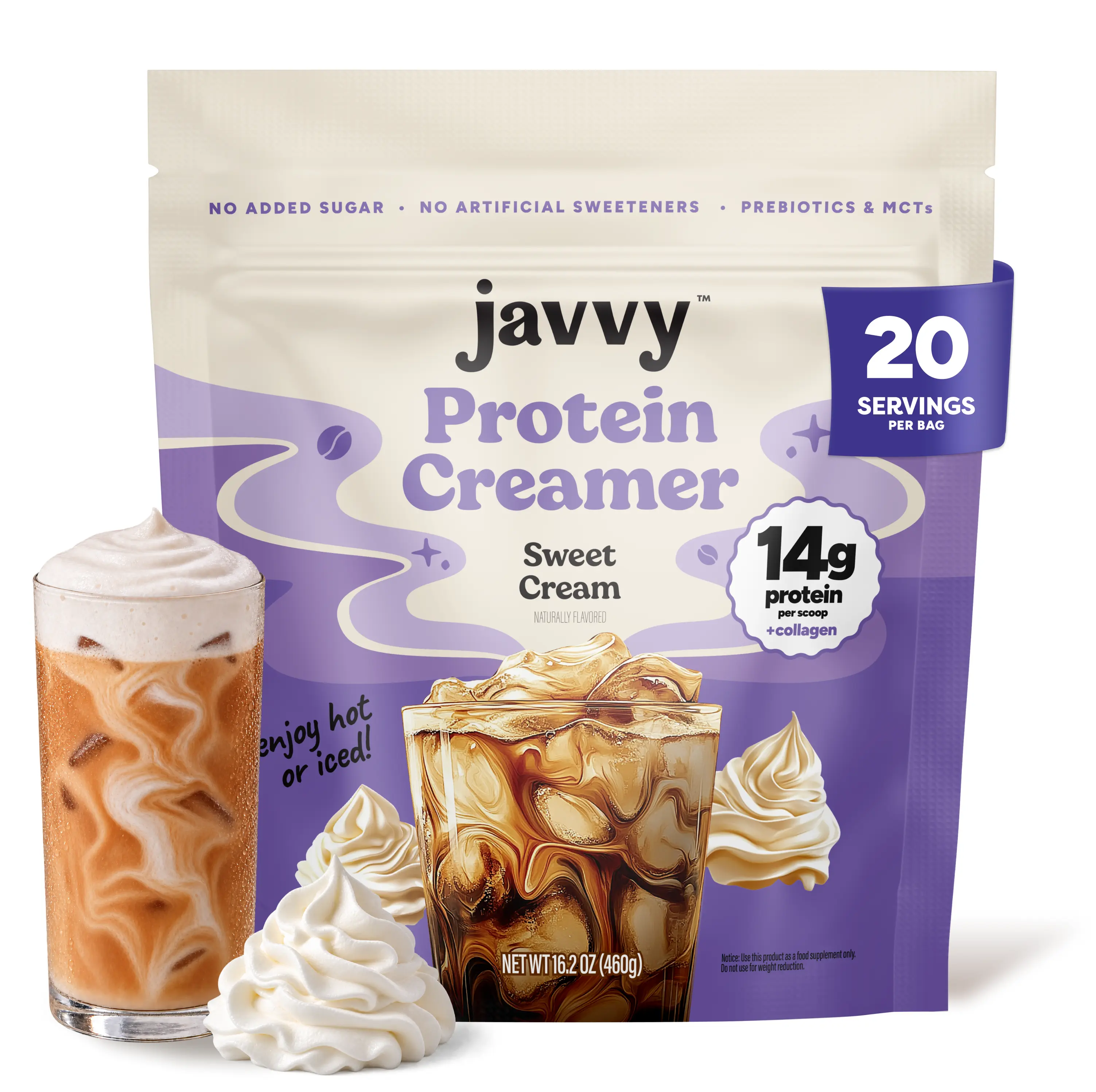 Javvy Sweet Cream Protein Coffee Creamer - Grass Fed Pasture Raised Collagen - Hair, Skin & Nail Support, Energy-Boosting MCTs, Keto Friendly, Gluten Free, No Added Sugar, 14g of Protein