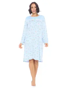 Casual Nights Women's Long Sleeve Lightweight Satin Fabric Pullover Henley Nightgown - Butterflies Floral Print, Hospital Sleepwear Nightshirt, Convertible Robe