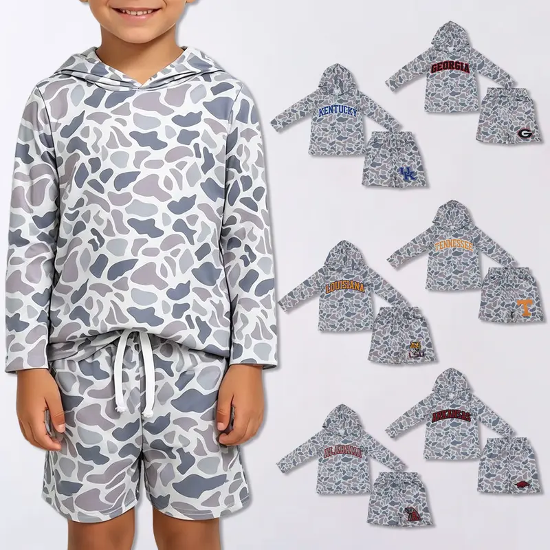 Toddler Gameday Camo Hoodie 2‑Piece Set boys long sleeve hooded top drawstring shorts 2 piece, college sports toddler clothing, casual playwear for little boys