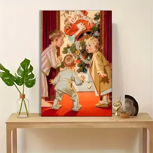 retro Christmas Canvas Painting Santa Claus Child Scene Decorative Painting