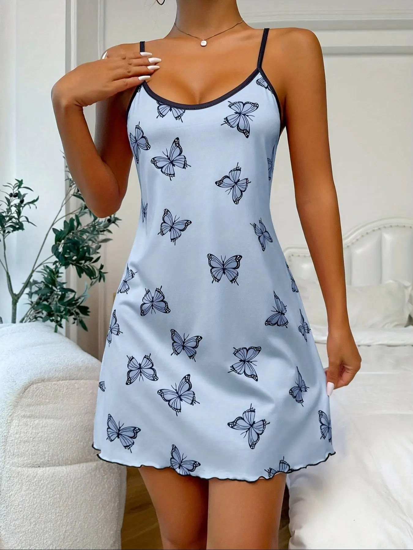 Women's Butterfly Print Cami Knit Nightdress, Casual Style Soft Comfortable Fitted Spaghetti Strap Nightgown for All Seasons, Fashion Ladies' Sleepwear & Loungewear for Daily Wear, Summer, Womenswear, Nighty Dress, Nightgown Chemise