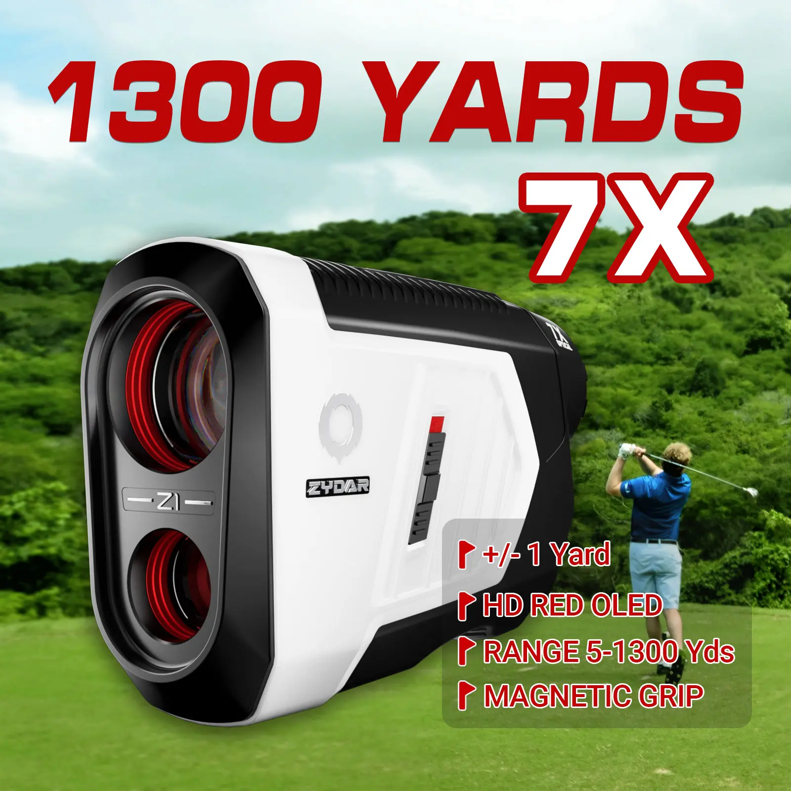 ZYDAR Z1 Golf Rangefinder with Slope 1300 Yard Range Laser Rangefinder 7X Magnification Flag Locking with Pulse Vibration Magnetic Aspherical Lens Tournament Legal Weather Resistant