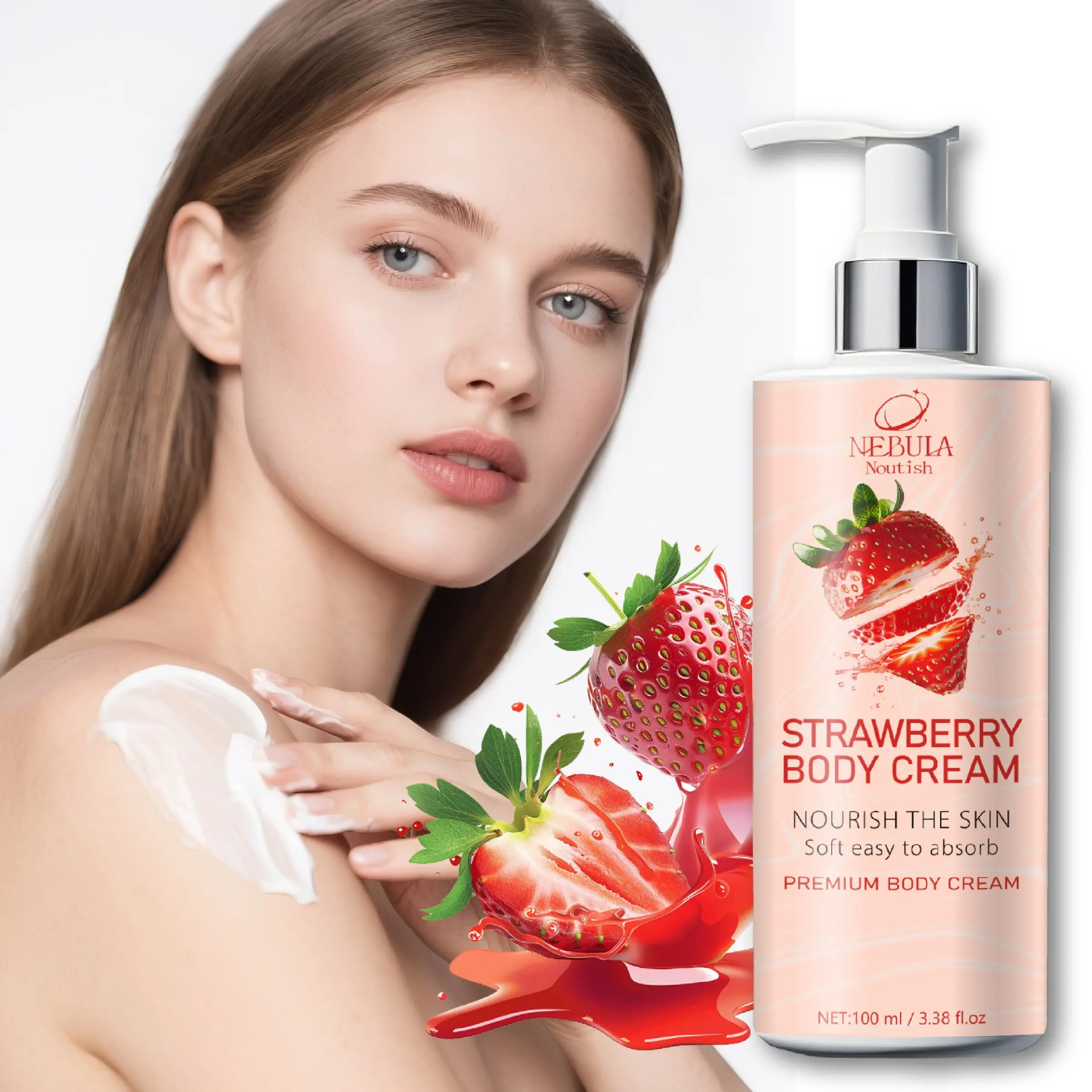 100ML Sweet Strawberry Body Cream, Rich in Strawberry Extracts, Deep Moisturizing and Hydrating for Dry Skin, Contains Coconut Oil, Vitamin E & Honey