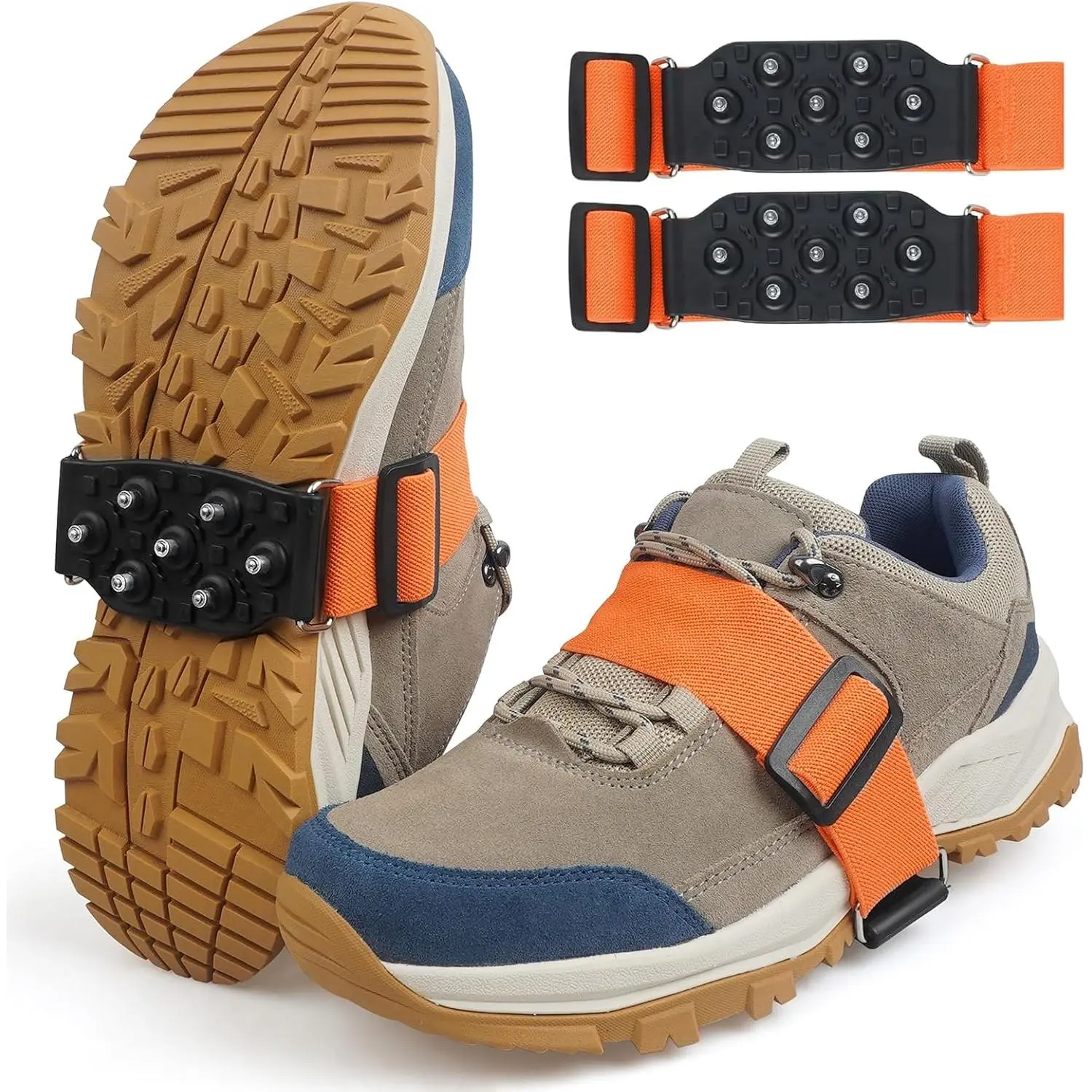 Ice Cleats Mid-Sole Snow Traction Cleats for Walking on Snow and Ice Anti-Slip Crampons with Adjustable Straps 7 Tungsten Studs Rotatable Non-Slip Crampons for Men Women Indoor/Outdoor