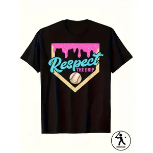 Boys' Baseball Drip T-Shirt with Pink & White drip design - Black Short Sleeve Round Neck Casual Summer Top, Streetwear Shirt for & Casual Attire - Machine Washable Gift for Teen Boys