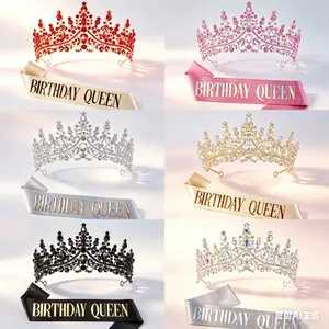Female Birthday Queen Exclusive Set Rhinestone-Embellished Gold Princess Crown & Sparkling Sash 1-Size-Fits-Most Fashion Accessory for Birthday Parties headdress crystal weddingcrown tiara pageant
