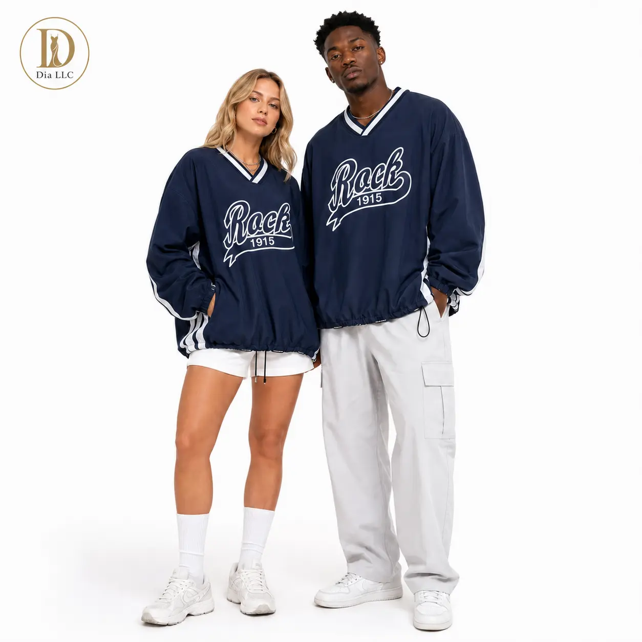 Oversized Vintage Varsity Windbreaker Jacket for Men Women, V Neck Color Striped Trim Rock 1915 Letter Print Pullover Wind Shirt, Loose Drawstring Hem Lightweight Oxford Fabric Y2K Streetwear Couple Jacket