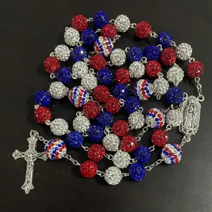 Glam USA Red White and Blue Rhinestone Catholic Rosary