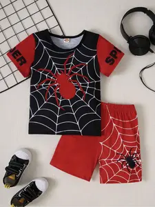 Two-Piece Set Boy's Spider Print Short Sleeve Tee & Elastic Waist Shorts Set, Casual Round Neck T-shirt & Shorts, Summer Clothes for Kids, Kids Outfit, Toddler Outfit