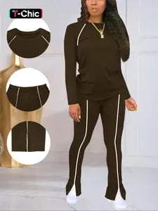 Women's Fashion New Round Neck Solid Color Patch Long Sleeve Top & Pants Set, Two-Piece for Casual Wear