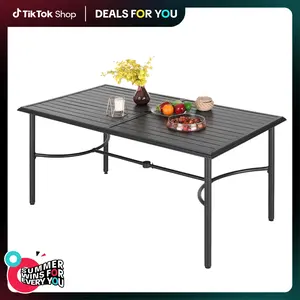 PHIVILLA 64" Large Metal Patio Dining Table Steel Rectangular Outdoor Table, Weather-Resistant Table with 1.77" Umbrella Hole for Lawn Backyard Garden, Black
