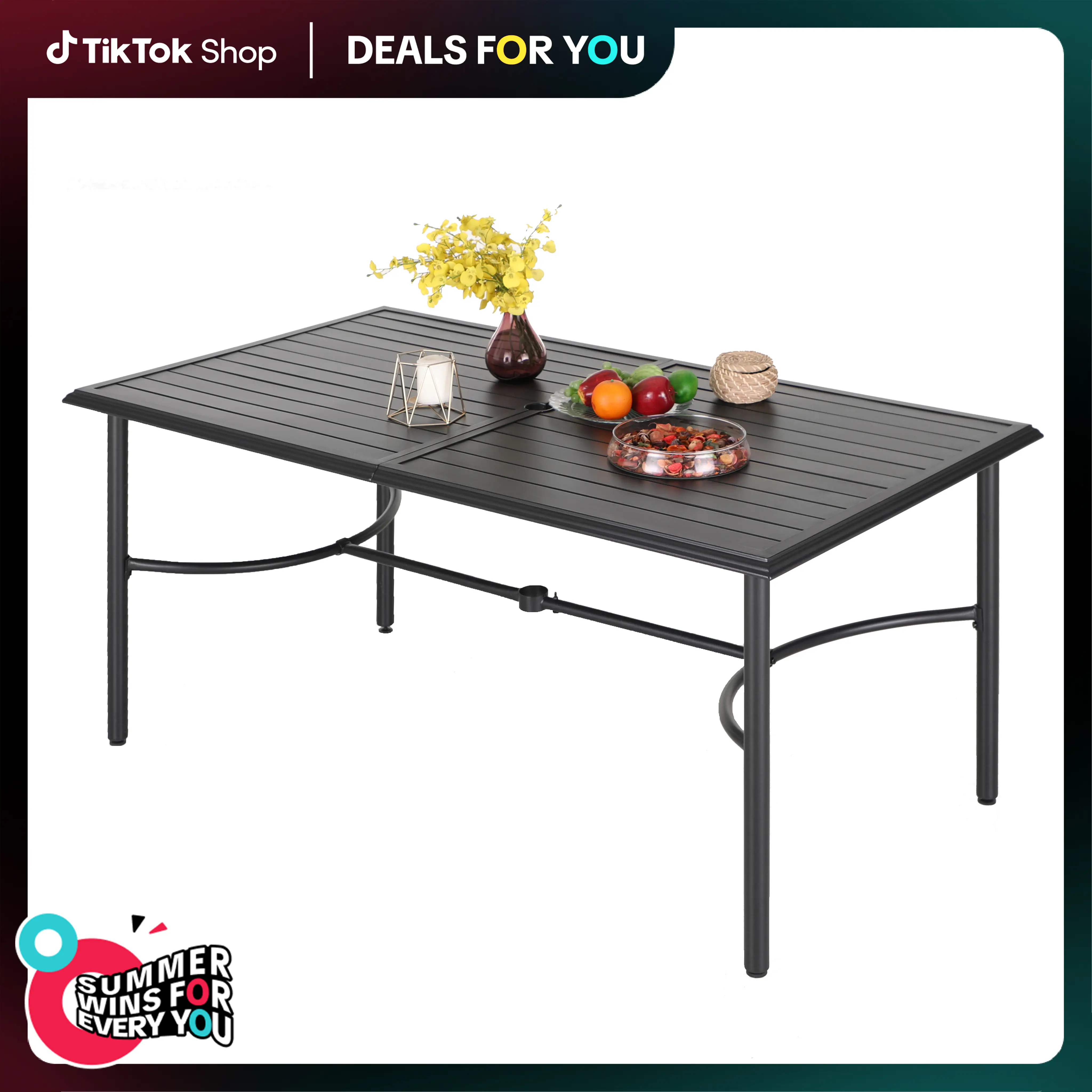 PHIVILLA 64" Large Metal Patio Dining Table Steel Rectangular Outdoor Table, Weather-Resistant Table with 1.77" Umbrella Hole for Lawn Backyard Garden, Black