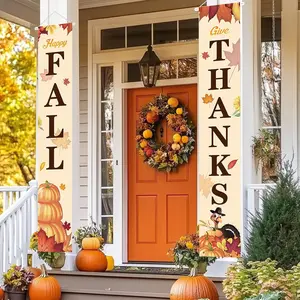 GIVE THANKS Door Decorations, 72 Inches Thanksgiving Porch Sign, Fall Hanging Welcome Banner, Autumn Pumpkin Maple Leaf Turkey Backdrop Flag for Party Home Yard Indoor Outdoor Wall Decor GROPKNIO