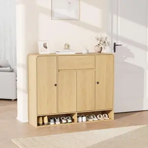 47.2 In Shoe Storage Cabinet With Adjustable Shelves 4 Doors And Bottom Shelf Freestanding Entryway Organizer With Rounded Corner Narrow Shoe Cabinet For Hallway Living Room