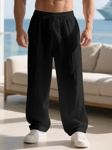 Men's Fall Outfits Linen Plain Fitted Pants with Elastic Waist Drawstring for Daliy Wear, Old Money Casual Outdoor Sports Essential, Skin-Friendly Soft Long Trousers for Men's Wardrobe
