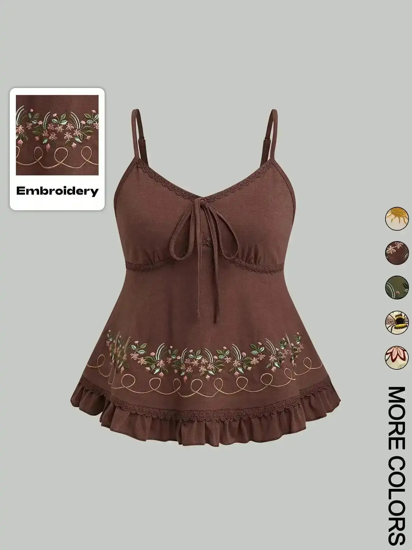 Trendy Summer Crop Blouse, Women's Floral Embroidered Ruffled-Hem Fitted Camisole, Casual Soft Stretchy Fabric with Straps, Cute Embroidery Patterns (Flower/Bee/Sun), Lace-Trim Babydoll Top, Multiple Design Options