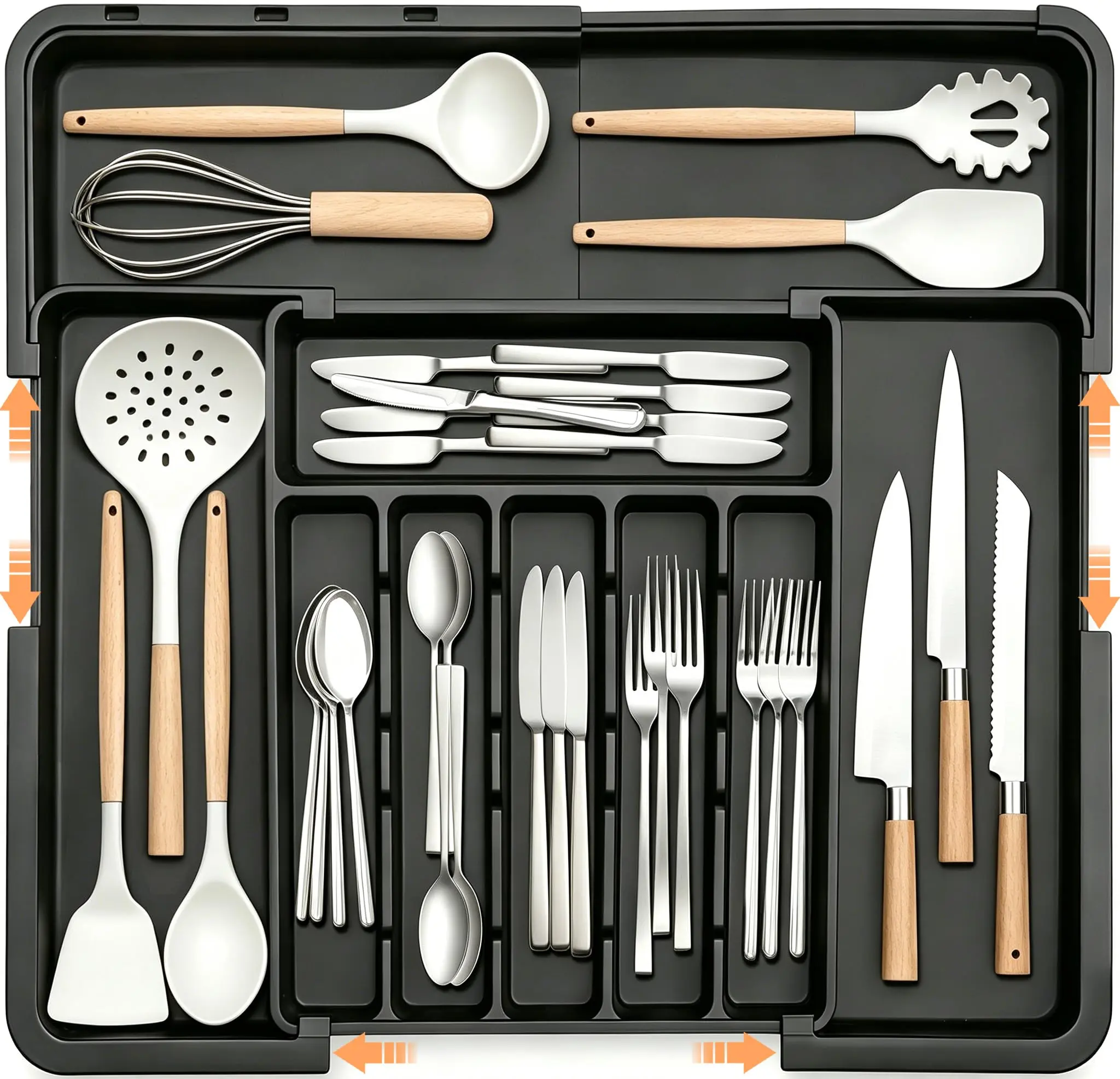 9-Compartment Silverware Organizer Expandable Kitchen Utensil Drawer Organizer for Forks Knives, Large Cutlery Organizer & Storage Tray for Spoons