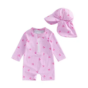 Babamoon Toddler Baby Girl Rash Guard Swimsuit Cute Fashionable Striped Bow Printed Long Sleeve Swimwear with Hat 0-24 Months