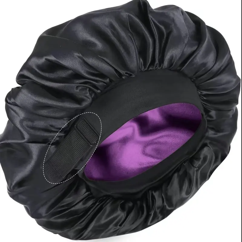 Silk Bonnet for Sleeping Double Layer Satin Adjustable Straps lined Hair Bonnets for Sleeping Reversible Hair Sleeping Bonnet for Women Natural Curly Hair Outside Silk Black Purple