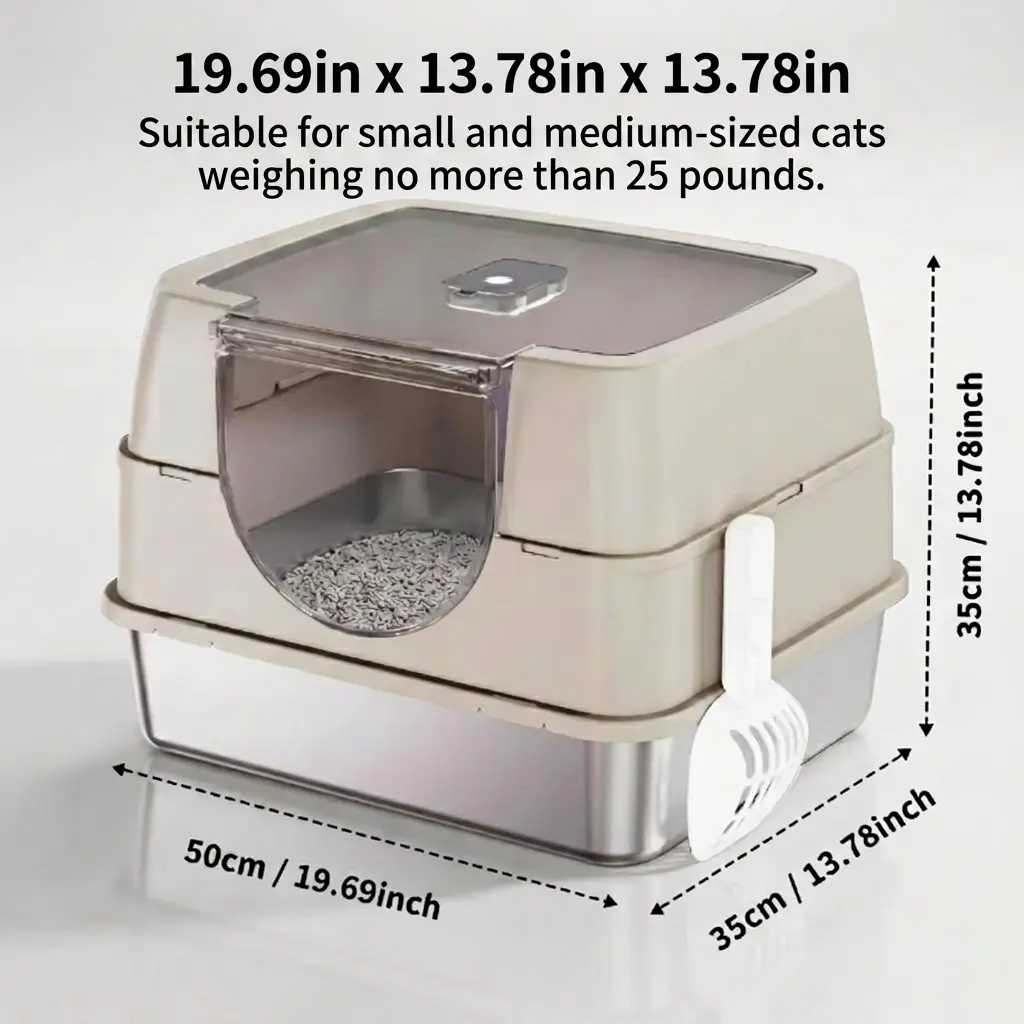Premium Stainless Steel Cat Litter Box （19.69in x 13.78in x 13.78in）Litter Cabinet for Small/Medium Cats Up to 25lbs, 3-Part Modular System, Odor Blocker Deodorizer, Antibacterial Non-Stick Flip-Top Lid, Beige (Stainless Steel Base)/Gray , Enclosure
