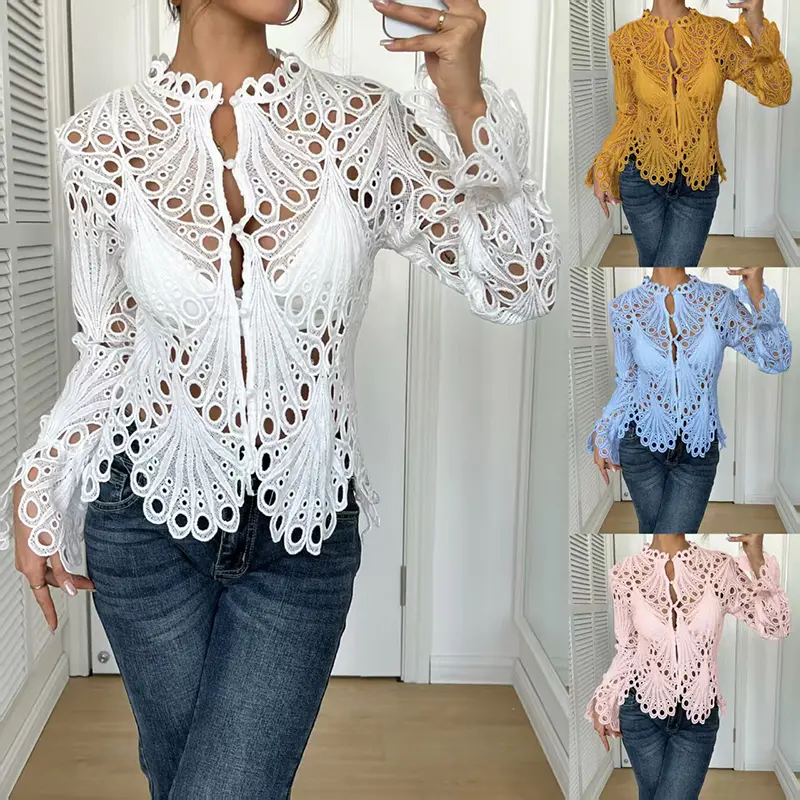 Women's Plain Hollow Out Flounce Sleeve Button Blouse, Solid Color Asymmetrical Hem Long Sleeve Top for Spring Summer Fall, Fashion Women's Clothes gift