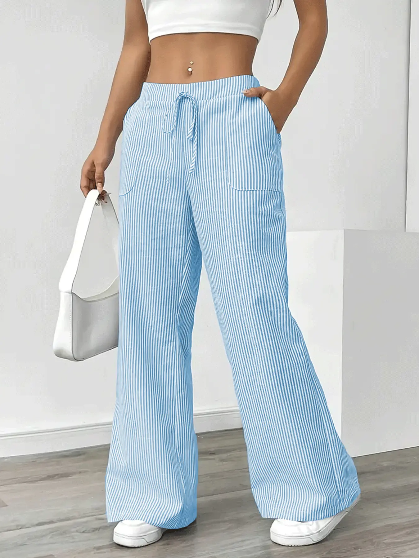 Women’s wide-leg pants with lantern pockets — casual striped loose fit with a faux drawstring waist, lightweight polyester fabric, suitable for spring and summer, striped material, all-season wear | Loose fit