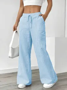 Women’s wide-leg pants with lantern pockets — casual striped loose fit with a faux drawstring waist, lightweight polyester fabric, suitable for spring and summer, striped material, all-season wear | Loose fit