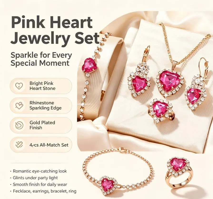 Women's Pink 4-Piece Alloy Costume Jewelry Set - Female Gold-Tone Rhinestone Heart Drop Necklace, Heart Earrings, Ring, Bangle Bracelets for Formal Events, Korean Style Set Match