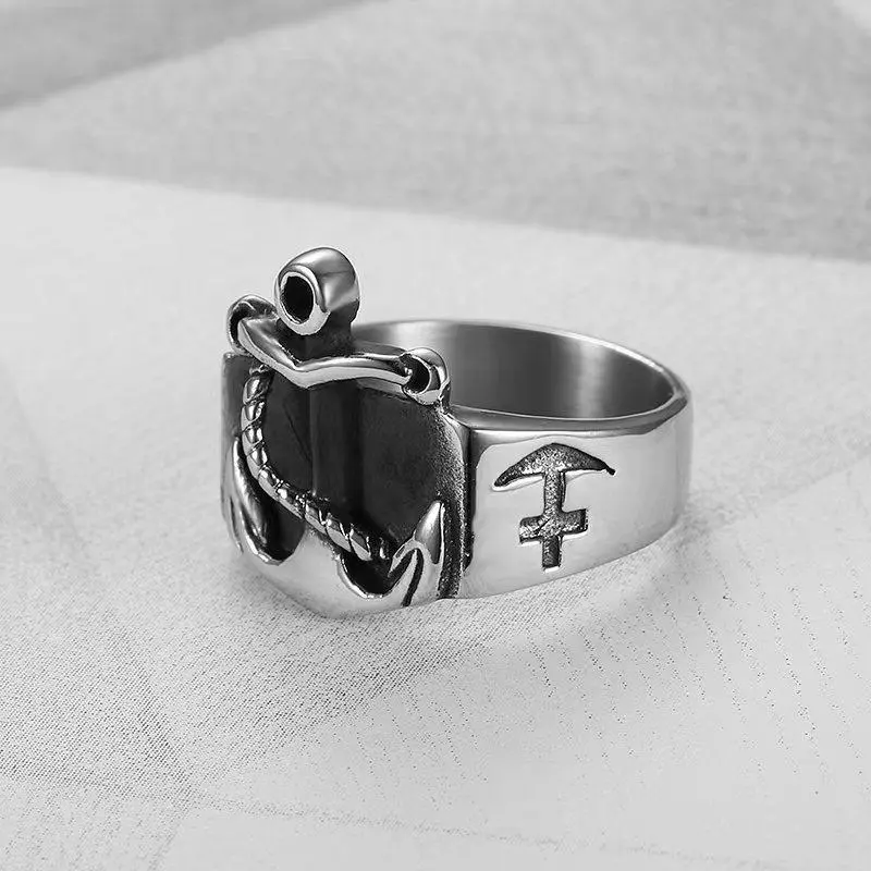 Unisex Non-Customized Vintage Geometric Anchor Ring - Stainless Steel Classic Band Rings, Daily Fashion Nautical Themed Signet Jewelry, Signet Rings