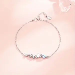 925 Silver Valentine's Day New Year Gifts Fashion Fashion Temperament Elegant Sexy Summer New Moonstone Butterfly Bracelet Niche Light Luxury Style BFF Hand Decoration About 0.08 oz bracelet stack friendship bracelets  charm bracelet cute