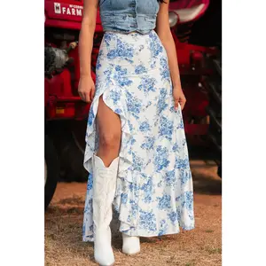 Sky Blue Boho Floral High Waist Ruffle Split Maxi Skirt