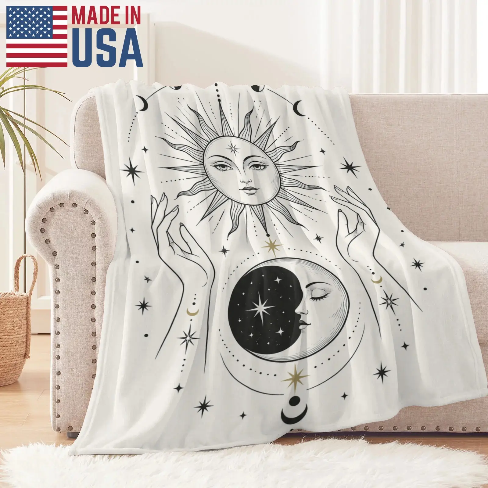 Flannel Throw Blanket, Celestial Sun and Moon Print, Soft Cozy Black and White Boho Blanket for Sofa Bed, Mystic Home Decor