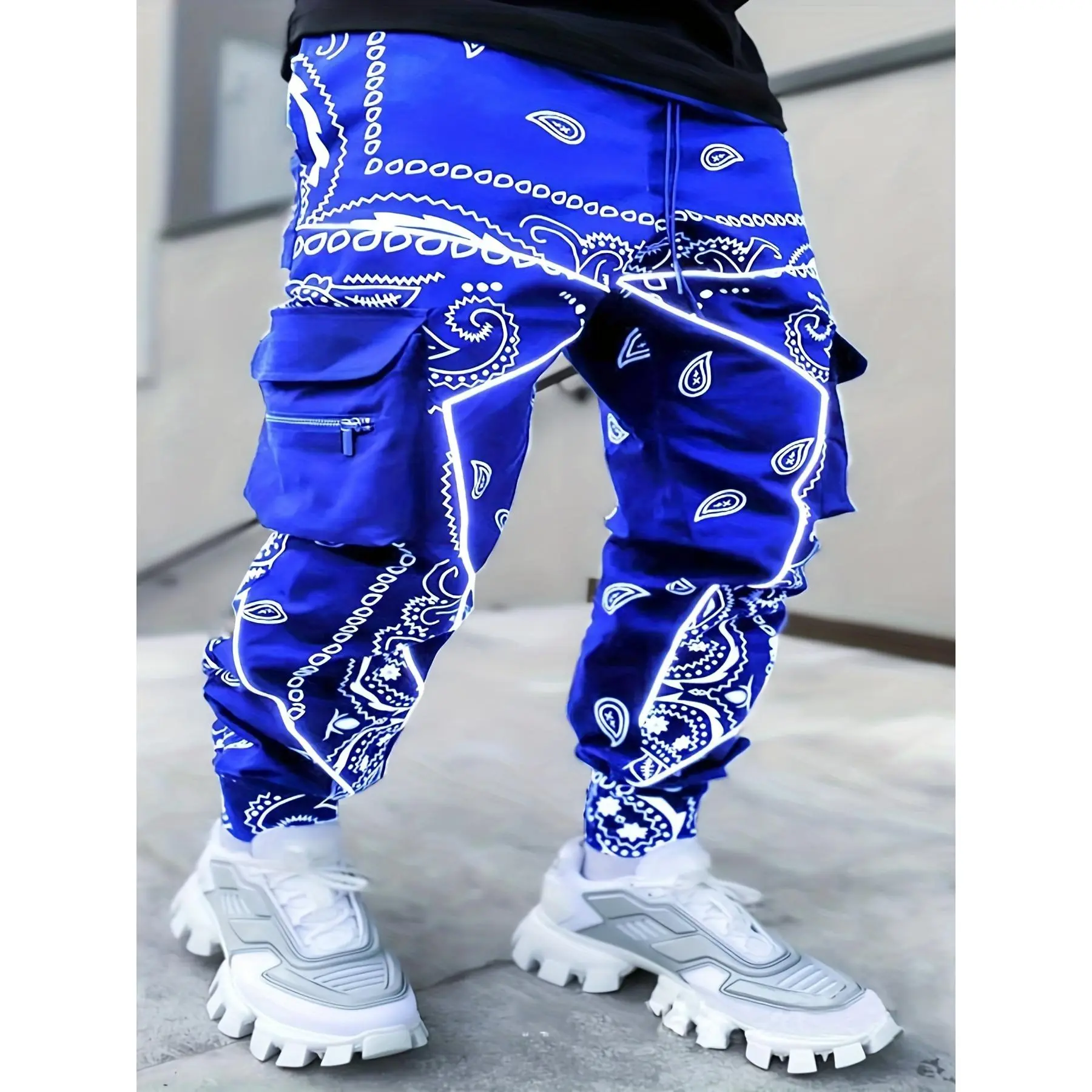 Men's Paisley Geometric Joggers, Casual Loose-Fit Streetwear Sports Pants in Woven Polyester with Multi-Pockets and Zipper Detail, Casual Sporty Joggers, Full Length, Casual Streetwear Joggers, Non-Stretch